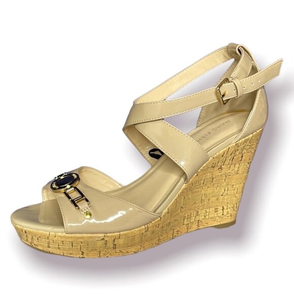 Marc Fisher Nude Tan Brantor Vegan Patent Leather Cork Wedge Strappy Sandals 9.5 - Picture 1 of 13